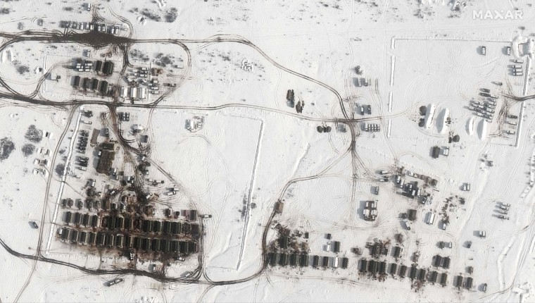 This satellite image shows troop tents, shelters and deployments in the Angarsky training area of Crimea on Feb. 1, 2022.
