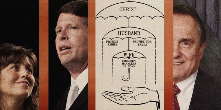 Photo illustration of Michelle and Jim Bob Duggar, a chart that shows the "umbrellas of protection" outlined by the Institute of Basic Life Principles, and Bill Gothard.