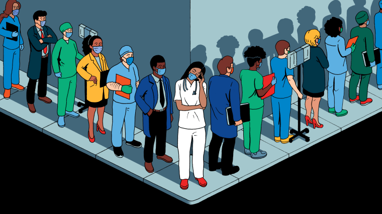Illustration of healthcare workers waiting on a long line; one nurse holds her head in her hands.