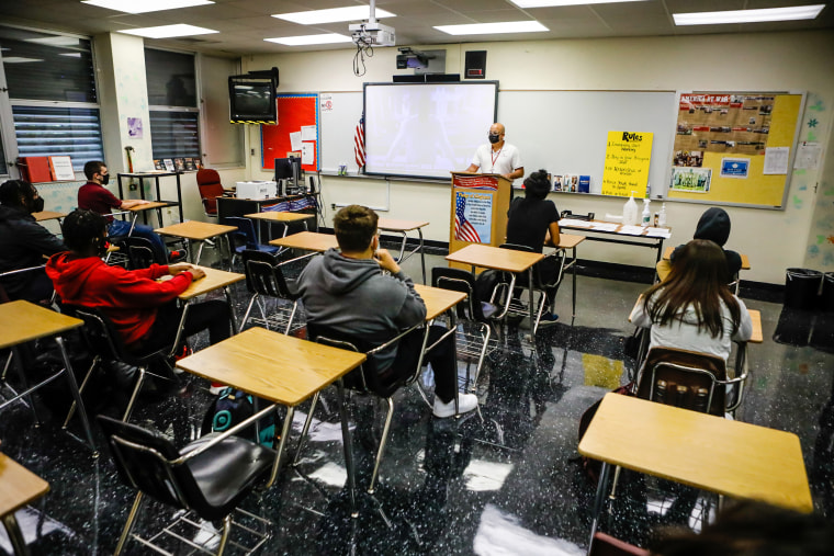 Students inside a classroom during the first day of classes at a public school in Miami Lakes, Florida, on Aug. 23, 2021.