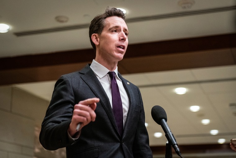 Sen. Josh Hawley, a R-Mo., speaks to members of the media while arriving to a closed-door briefing on Afghanistan at the U.S. Capitol  on Feb. 2, 2022.