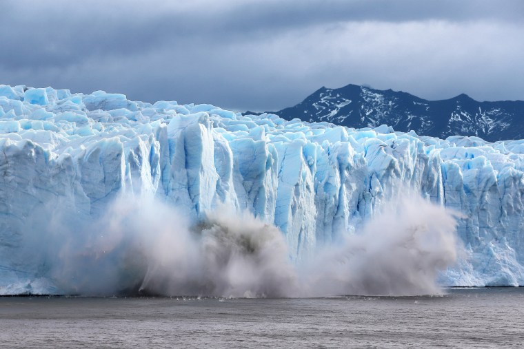 A piece of the Perito Moreno glacier, part of the Southern Patagonian Ice Field, breaks off in the Los Glaciares National Park on April 5, 2019, in Santa Cruz province, Argentina.