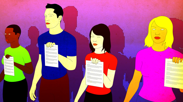 Illustration of a line of applicants holding resumes as digitized shadows fall behind them.