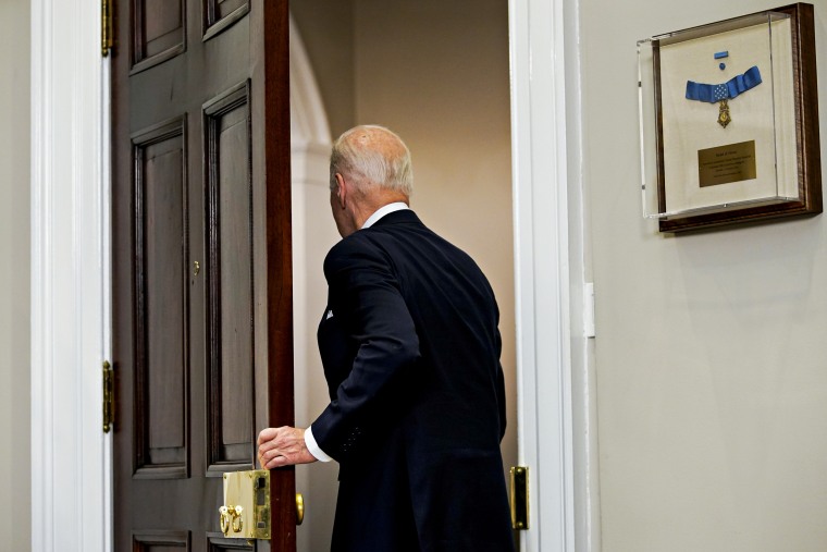 President Joe Biden exits after  speaking in the Roosevelt Room of the White House on Feb. 3, 2022.