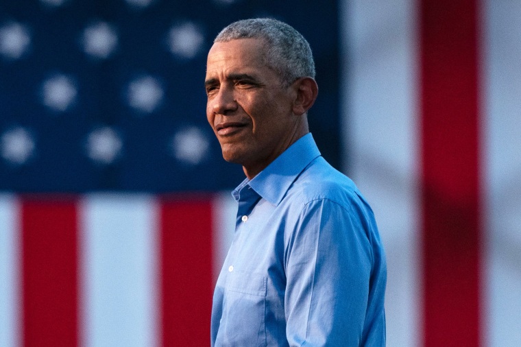 Former President Barack Obama speaks to Biden supporters at a drive-in rally in Philadelphia on Oct. 21, 2020.