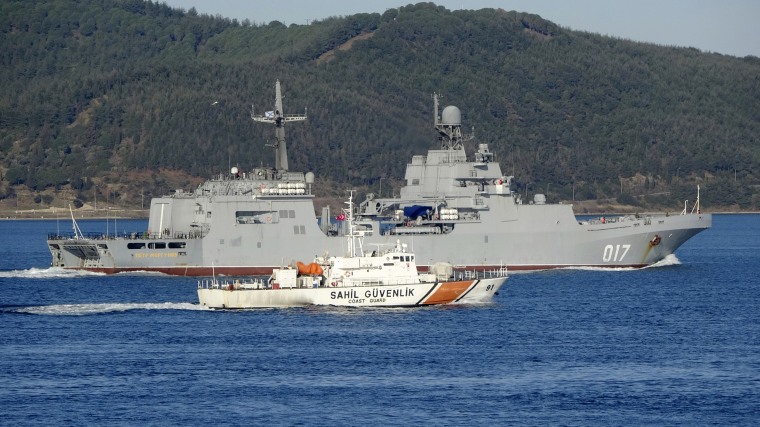 Russian ships sailed through the Dardanelles strait earlier this week, en route to the Black Sea for naval drills.