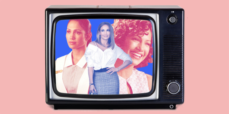 Photo illustration of Jennifer Lopez in romantic comedy roles on a TV screen.