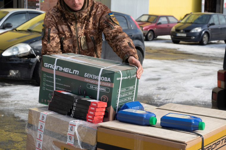 A pallet of frontline supplies bought through civilian fundraising for Ukrainian troops. 