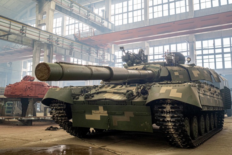 Old tanks are refurbished at a Kharkiv factory.