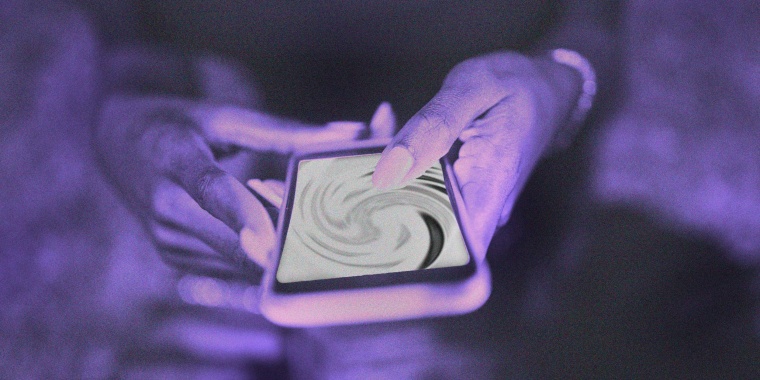 Photo Illustration: A Black woman holds a phone with a swirling screen