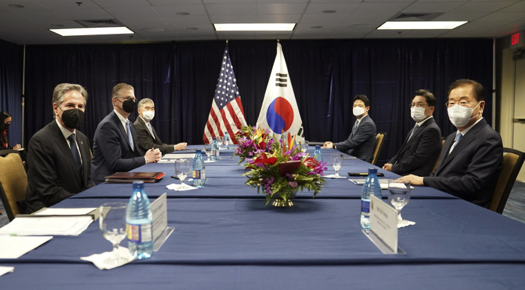 U.S. Secretary of State Antony Blinken meets with South Korean Foreign Minister Chung Eui-yong in Honolulu, Hawaii, on Saturday, Feb. 12, 2022.
