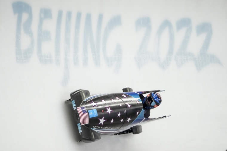 Kaillie Humphries, of the United States, during heat 2 of monobob 2022 Winter Olympics, Sunday, Feb. 13, 2022, in the Yanqing district of Beijing.