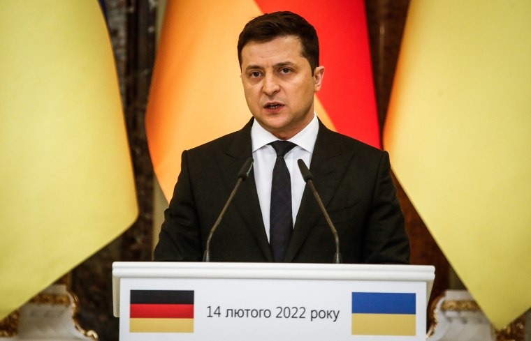 Ukraine's President Volodymyr Zelensky gives a joint press conference with Germany's Chancellor Olaf Scholz, following their meeting at the Mariinskyi Palace, on Feb. 14, 2022.