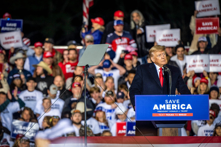 Former President Donald Trump pauses while speaking during the 'Save America' rally at the Montgomery County Fairgrounds on Jan. 29, 2022 in Conroe, Texas.