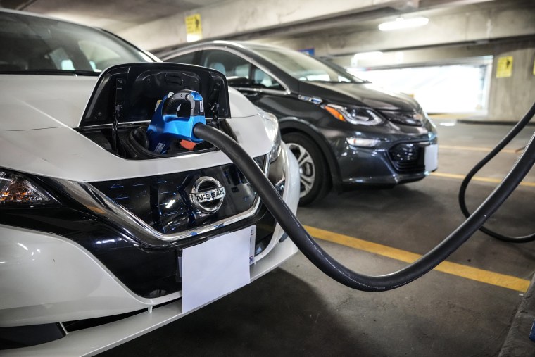 Electric vehicles are displayed before a news conference near Capitol Hill on April 22, 2021 in Washington, DC.