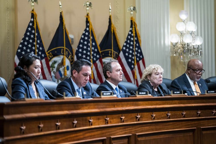 Rep. Adam Schiff, D-Calif., center, listens during a business meeting of the Select Committee to Investigate the Jan. 6 Attack on the U.S. Capitol on Oct. 19, 2021.