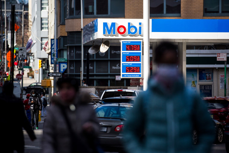 Gas prices are displayed at a Mobil gas station in Brooklyn, N.Y., on  Feb. 10, 2022.