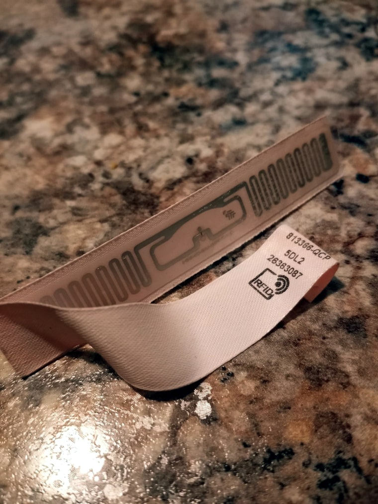 An RFID tag attached to an online purchase from Victoria’s Secret.  