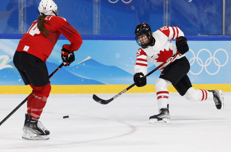 Canada's Brianne Jenner scores the team's 10th goal against Switzerland at the 2022 Beijing Olympics on Feb. 14, 2022.