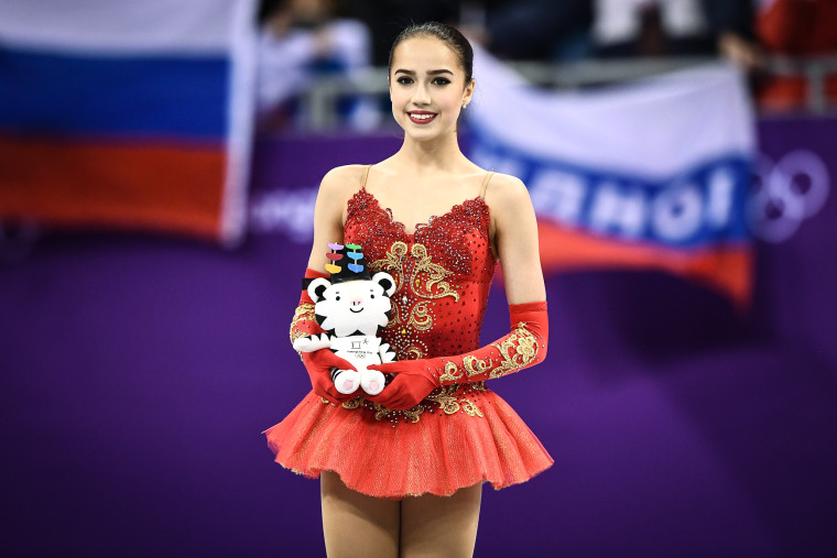 Gold medalist Russia's Alina Zagitova celebrates on the podium during the venue ceremony after the women's single skating free skating of the figure skating event during the Pyeongchang 2018 Winter Olympic Games on Feb. 23, 2018.