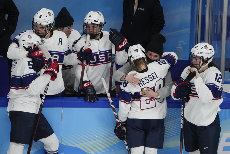 United States reacts after losing to Canada in the women's gold medal hockey game at the 2022 Beijing Olympics on Thursday, Feb. 17, 2022.