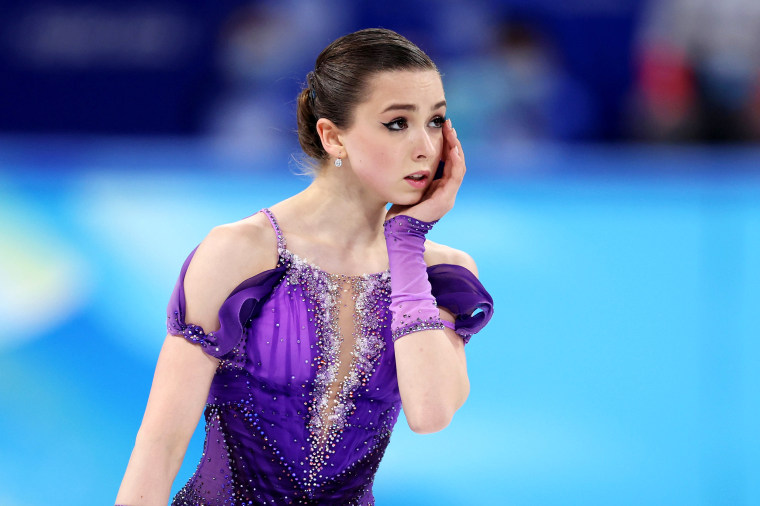 Image: Kamila Valieva reacts after skating on day eleven of the Beijing 2022 Winter Olympic Games at Capital Indoor Stadium on Feb. 15, 2022.