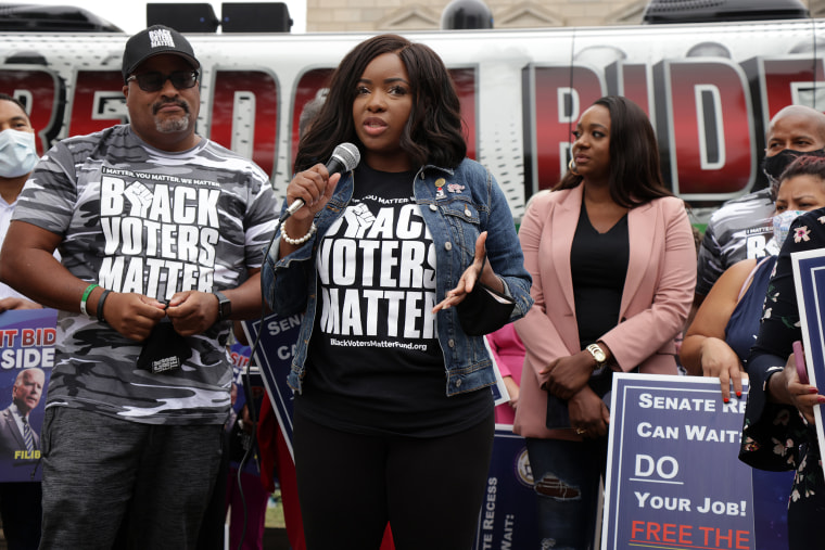 Image: Texas State Rep. Jasmine Crockett speaks during a demonstration on voting rights on Aug. 4, 2021 in Washington.