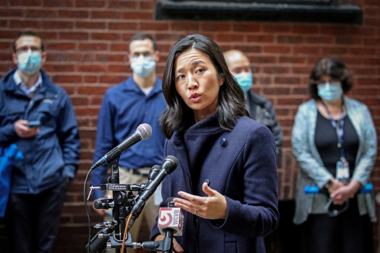 Boston Mayor Michelle Wu speaks to the media at Tufts Medical Center on Jan. 5, 2022 in Boston.