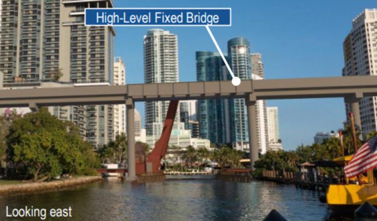 An artist's rendering shows a proposal for a high-level bridge that would cross the New River in downtown Fort Lauderdale.