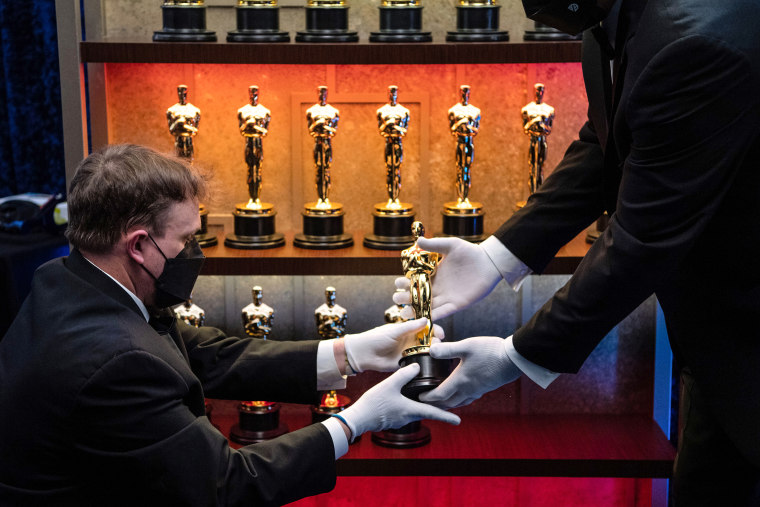 The Oscar statuettes backstage during the 93rd Annual Academy Awards on April 25, 2021 in Los Angeles.