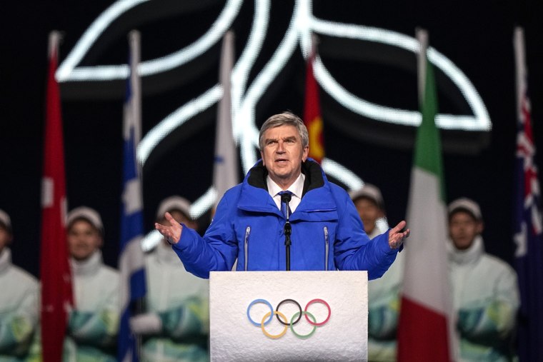 Image: President of the International Olympic Committee, Thomas Bach, speaks during the opening ceremony of the 2022 Winter Olympics, on Feb. 4, 2022, in Beijing.