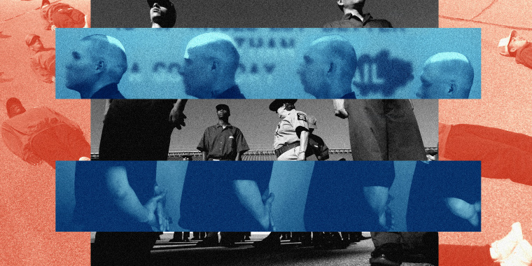 Photo illustration: Two blue strips reveal inmates with shaved heads standing in a line. The background shows inmates lying down on the floor, another image shows a correctional officer walking by inmates standing in a formation.