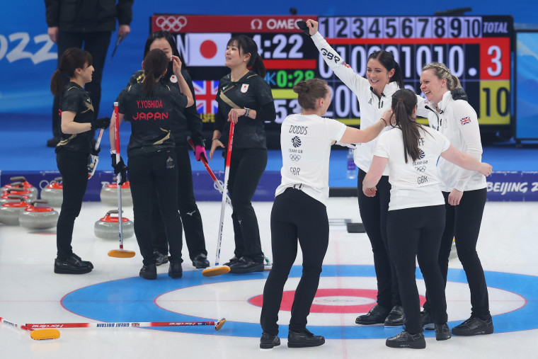 Team Great Britain celebrate after defeating Team Japan in the women's gold medal match on February 20, 2022 in Beijing, China.