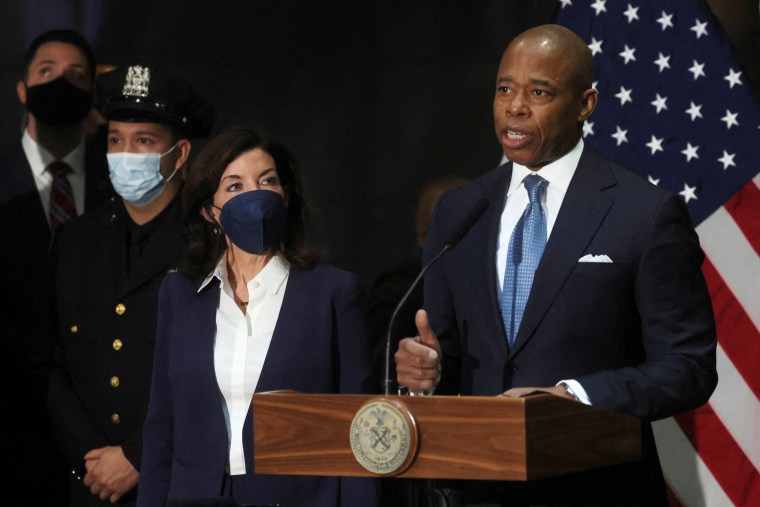 Image: New York City Mayor Eric Adams speaks during a news conference at Fulton St. subway station in New York