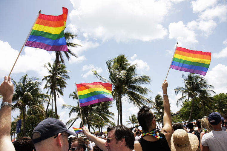 Rainbow flags at the Gay Pride Parade on Ocean Drive