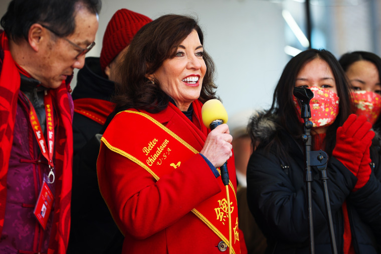 New York Gov. Kathy Hochul speaks at a Lunar New Year celebration in Chinatown, N.Y., on Feb. 20, 2022.