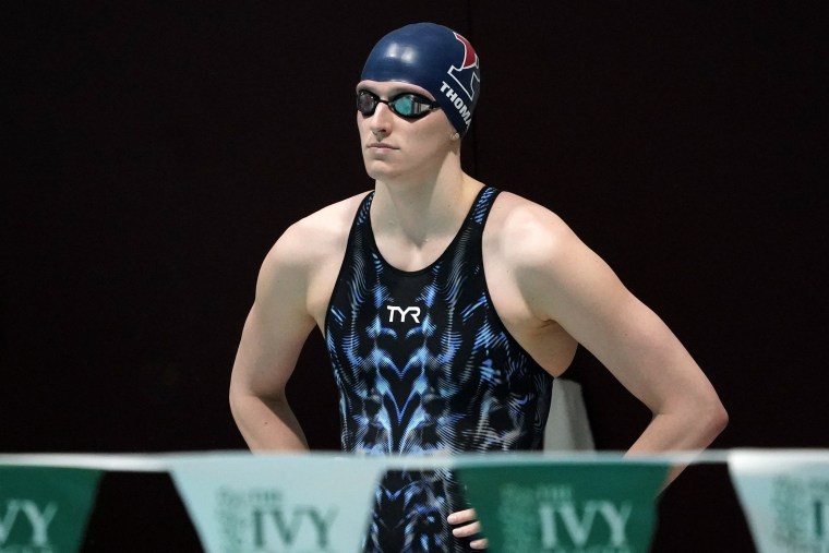 Image: Penn's Lia Thomas prepares to swim in a qualifying heat of the 500 yard freestyle event at the Ivy League Women's Swimming and Diving Championships at Harvard University, on Feb. 17, 2022, in Cambridge, Mass.