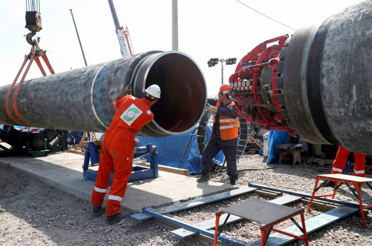 Workers are seen at the construction site of the Nord Stream 2 gas pipeline, near  Kingisepp, Leningrad region, Russia, June 5, 2019.