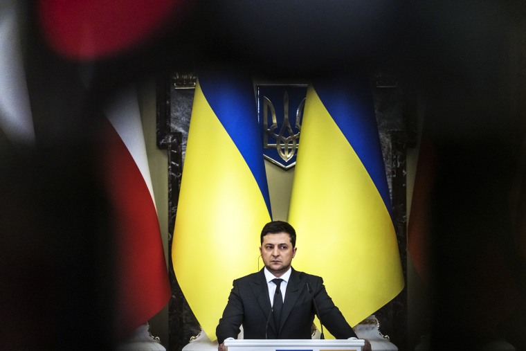 President Volodymyr Zelenskyy of Ukraine listens during a joint news conference with President Andrzej Duda of Poland in Kyiv, Ukraine, on Wednesday, Feb. 23, 2022. (Brendan Hoffman/The New York Times)