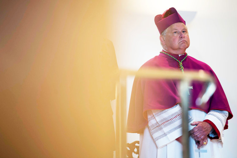 Bishop Richard Stika stands during a vespers service in Knoxville, Tenn., on June 8, 2019.