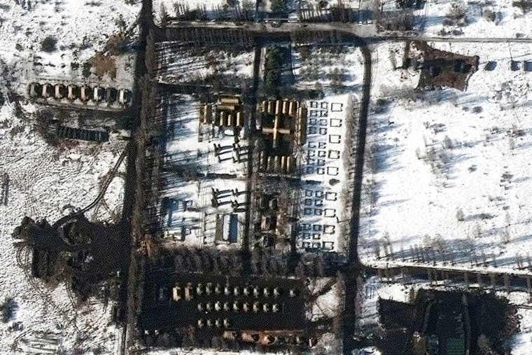 Image: A satellite image shows a close up of a field hospital and a troop deployment, in Belgorod