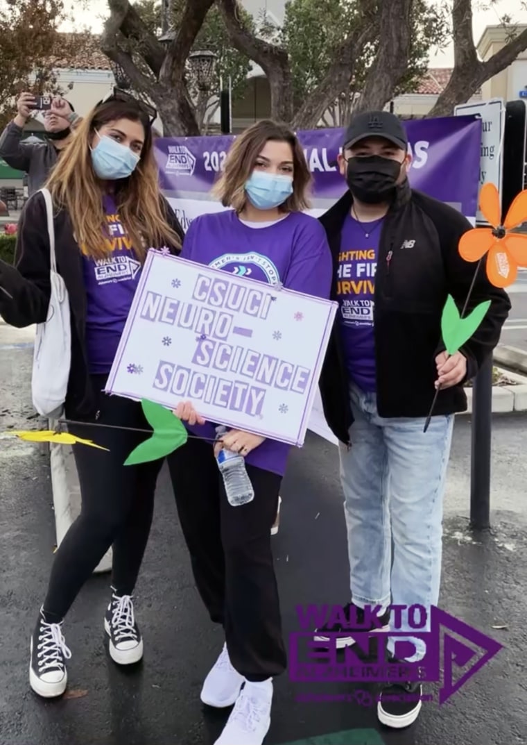 Alyssa Garbarino, center, leading her team Channel Islands Neuroscience Society in the East Ventura County Walk to End Alzheimer’s 2021. She is joined by fellow club officers Delyar Khosroabadi, left, and Arthur Bazaldua-Villagran.