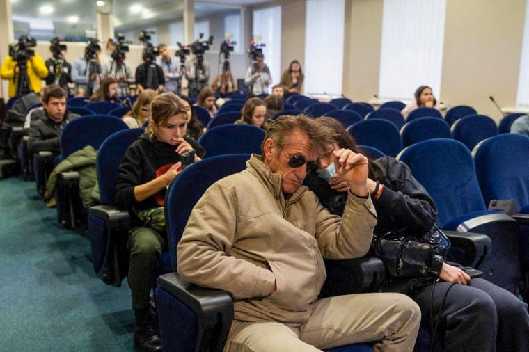 Sean Penn attends a press briefing at the presidential office in Kyiv, Ukraine, on Feb. 24, 2022.