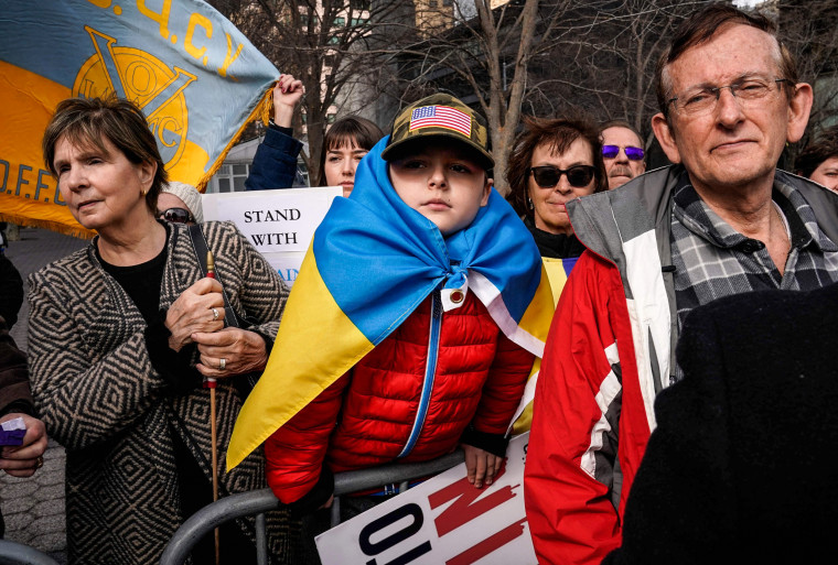 Image: Protesters rally in a show of solidarity with Ukraine outside the United Nations in New York on Feb. 17, 2022.