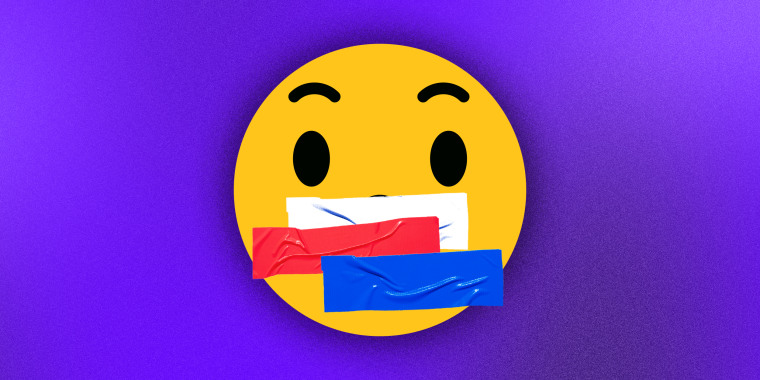 Photo illustration: A shocked emoji with white, red and blue colored tapes over its mouth.
