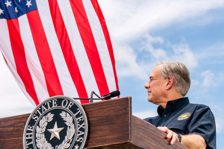 Image: Texas Gov. Greg Abbott near the border between the United States and Mexico in Pharr, Texas, in 2021.