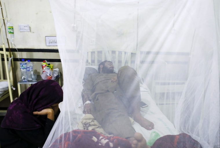 A patient rests under a mosquito net at the dengue ward at Benazir Bhutto Hospital in Rawalpindi, Pakistan, on Oct. 13. Without more action, a report found, billions more people worldwide could be at risk of contracting diseases like dengue fever, which is spread by mosquitoes that are expanding their range as temperatures warm. 