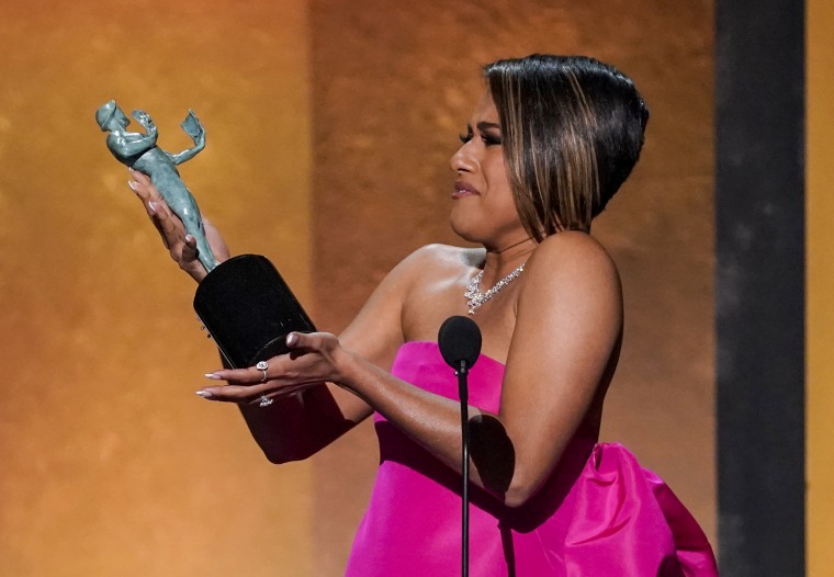 Ariana DeBose accepts the award for outstanding performance by a female actor in a supporting role for "West Side Story" at the 28th annual Screen Actors Guild Awards on Feb. 27, 2022, in Santa Monica, Calif.