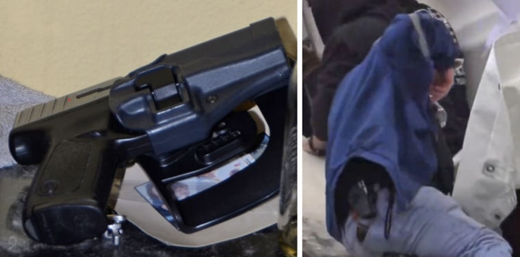 The holster found in Guy Reffitt's bedroom, left, and Reffitt appearing to wear the holster on Jan. 6, 2021.