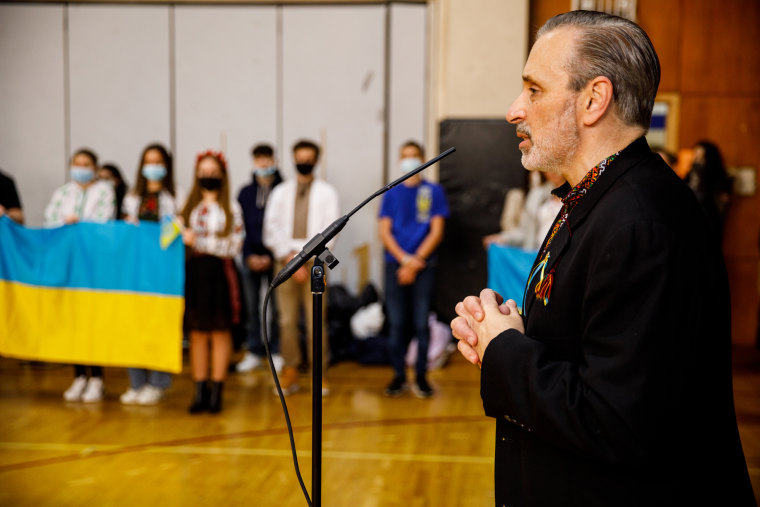 Ivan Makar, the principal of Self-Reliance School of Ukrainian Studies, leads an assembly about the crisis in Ukraine on Feb. 26, 2022, in New York.